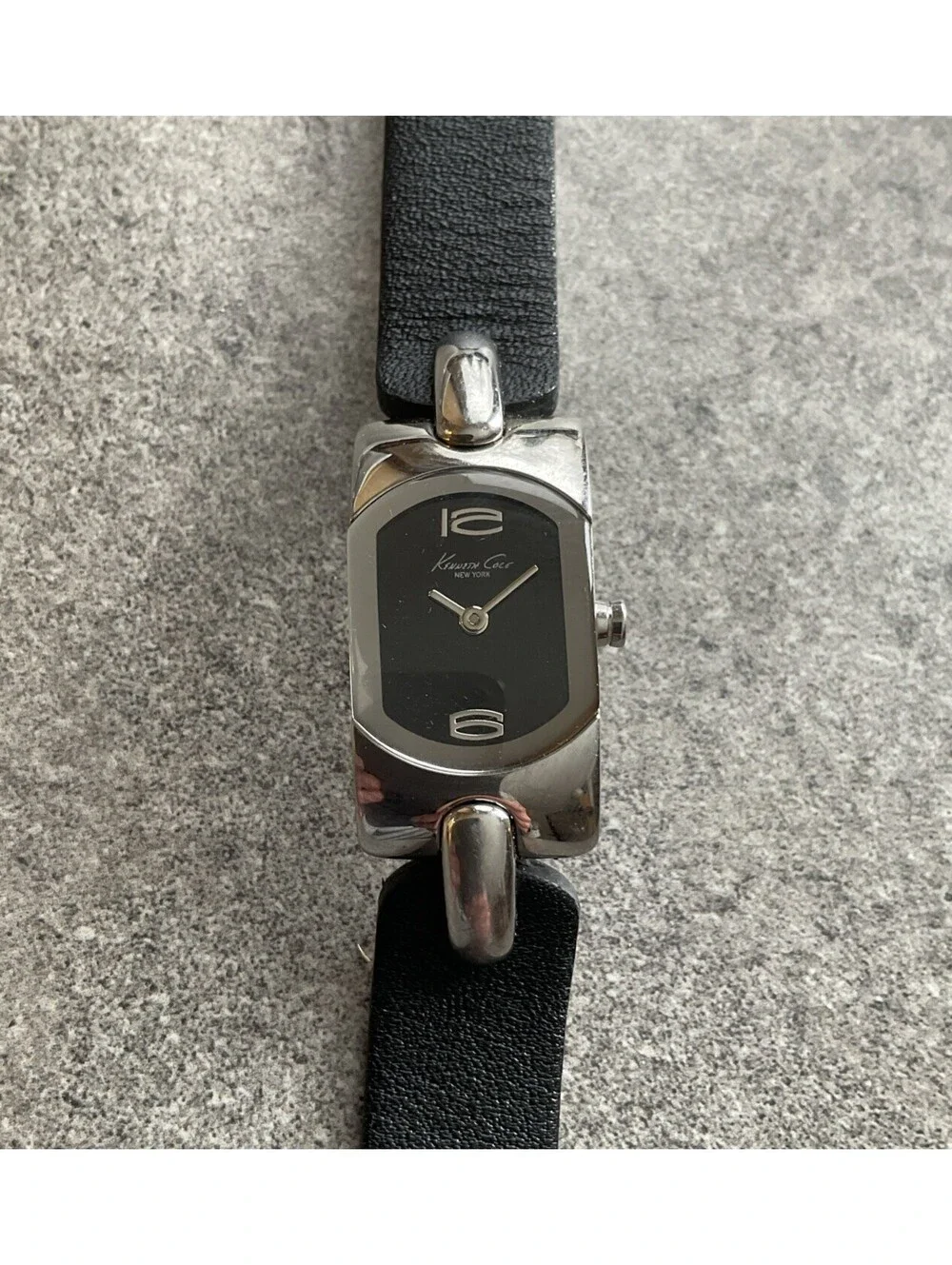 Kenneth Cole Womens Tank Style Watch 17mm Silver Tone Case Black Leather Band D2